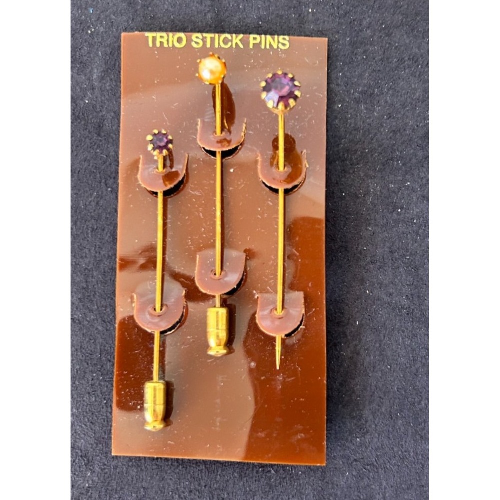 Vtg 1978 Capri Trio Stick Pins Set NOS Card Purple Amethyst Pearl *Missing 1 End